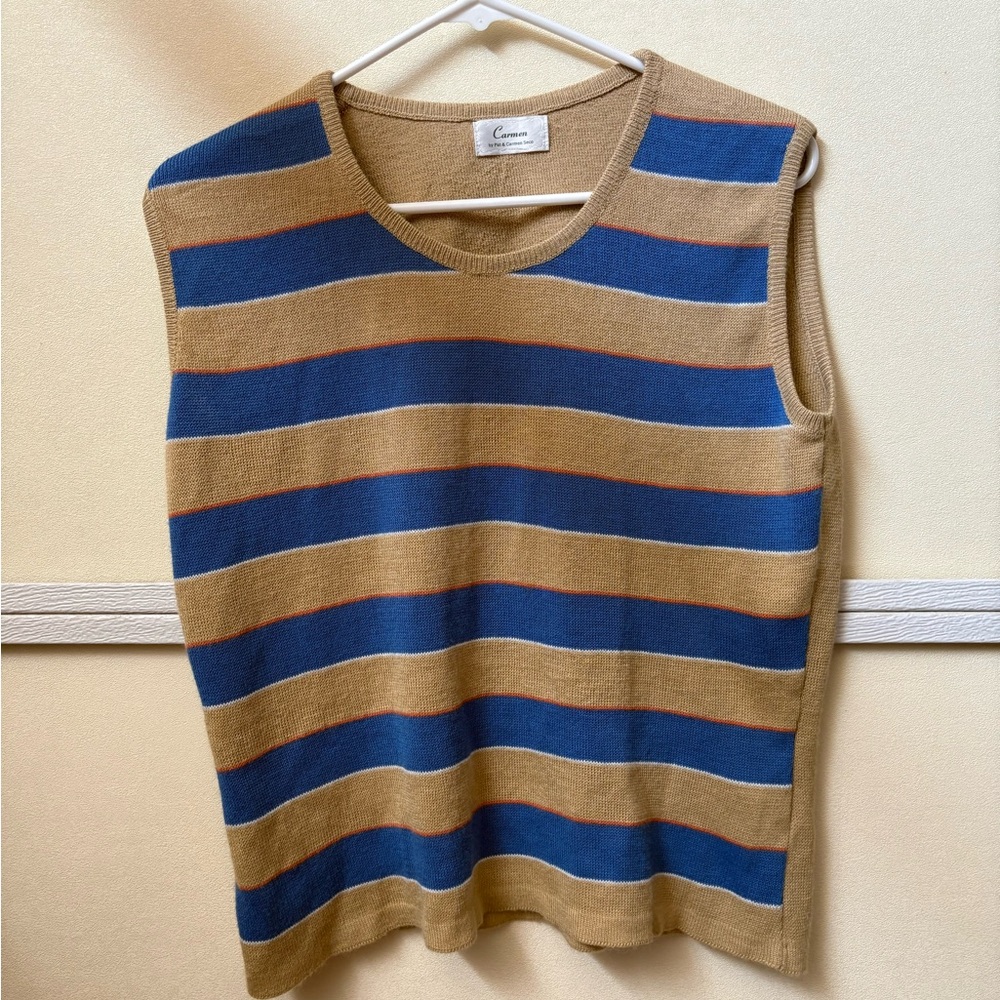 Striped V-Neck Sweater Vest - Blue and Tan